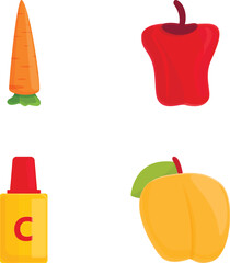 Vitamin food icons set cartoon vector. Fruit and vegetable enriched vitamin c. Diet food, organic product