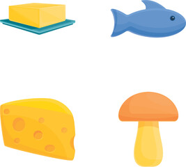 Vitamin food icons set cartoon vector. Fresh fish, butter, cheese and mushroom. Healthy product