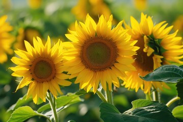 Fototapeta premium a row of colorful birdhouses on a wooden fence, Cheery sunflowers in bloom