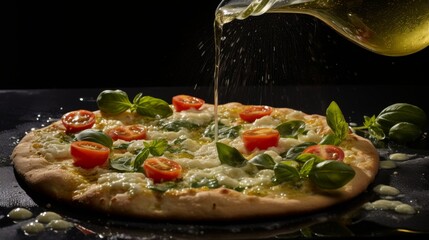 Artistic culinary process  olive oil drizzling over pizza in captivating imagery