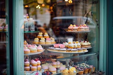 a window with a bunch of pastries in it, Cute bakery shop window