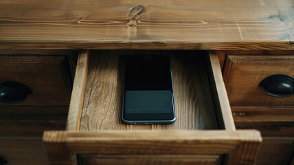 Smartphone placed inside half-open wooden drawer on rustic desk