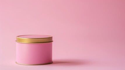 Pink metal tin can with golden lid on background