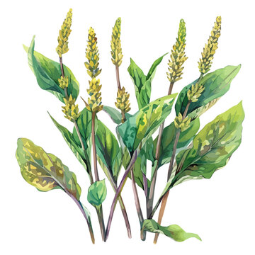 watercolor plantain plant, green leaves, yellow flowers clip art preview
