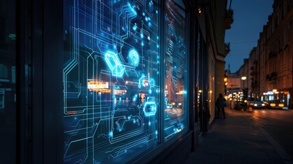 Futuristic neon digital interface on window at night in urban setting