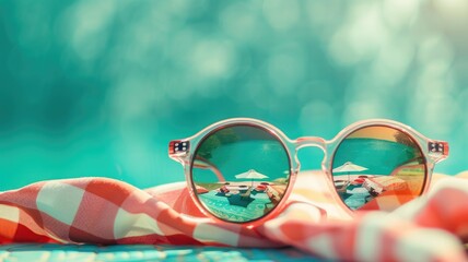 Sunglasses on scarf by pool, reflecting umbrellas and chairs