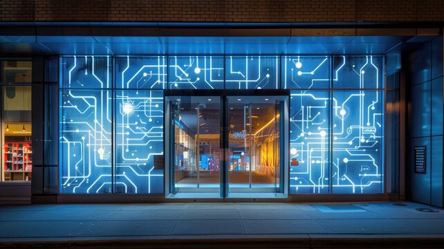 High-tech storefront with illuminated digital circuit design, blue hues