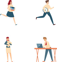 Urgent task icons set cartoon vector. Hurrying and running office worker. Deadline and rush hour