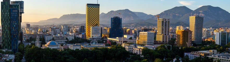 Panoramic image of Tirana Skyline just before the sunset. 