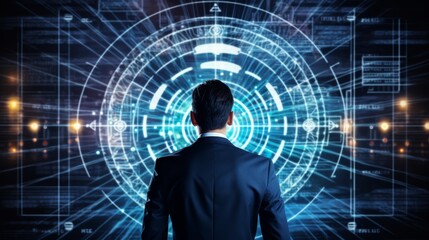 Businessman aims arrow at virtual dartboard, symbolizing precision in achieving business goals