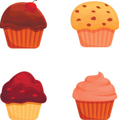 Delicious cupcake icons set cartoon vector. Muffin various flavor and color. Sweet food, dessert