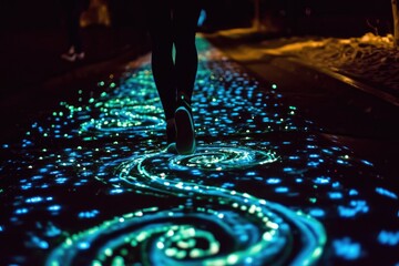 a man standing in front of a wall with a light painting on it, Glowing street art installations