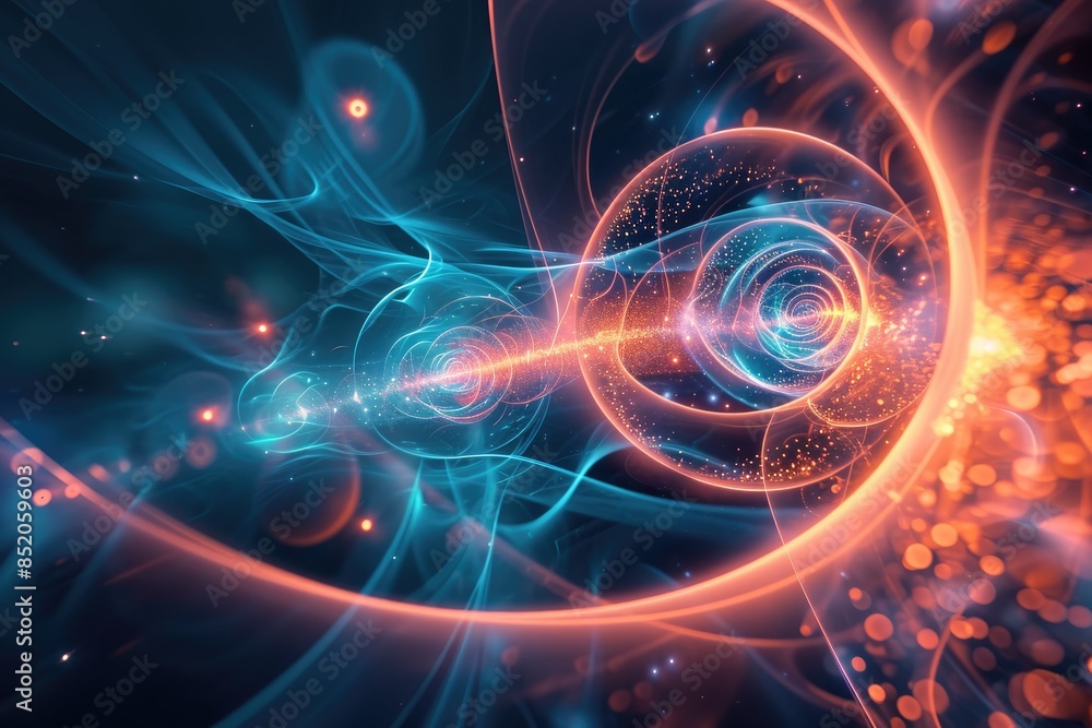 Poster a computer screen with a colorful background, investigate particle-wave duality
