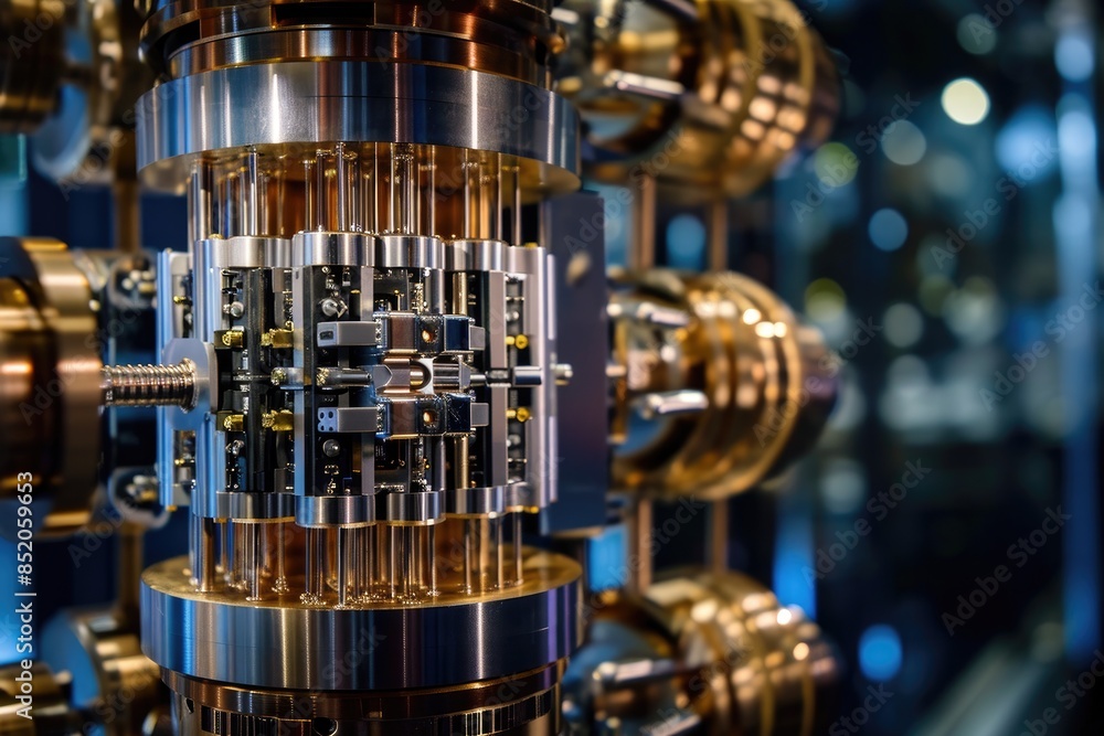 Poster a close up of a machine with many different parts, Investigate the behavior of quantum computing