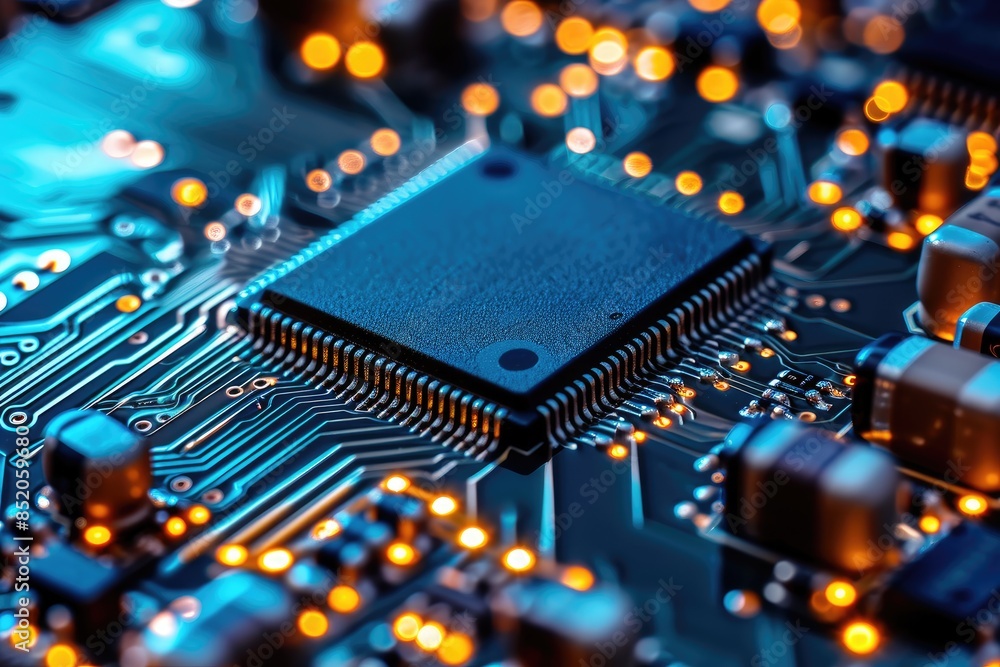 Aufkleber a computer circuit board with red and blue lights, investigate the behavior of semiconductor devices