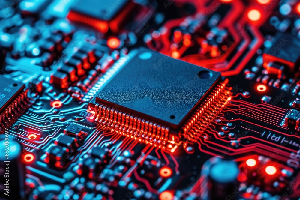 Aufkleber a computer circuit board with red and blue lights, investigate the behavior of semiconductor devices