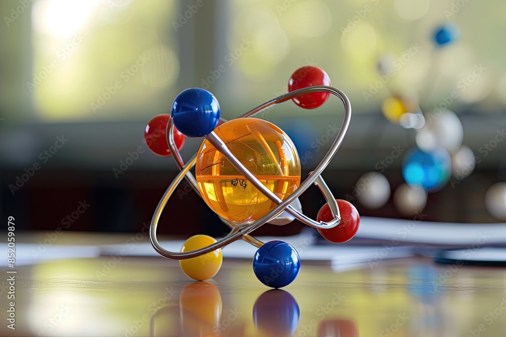 Poster a model of a model of an atom with a glass ball, investigate the principles of molecular physics
