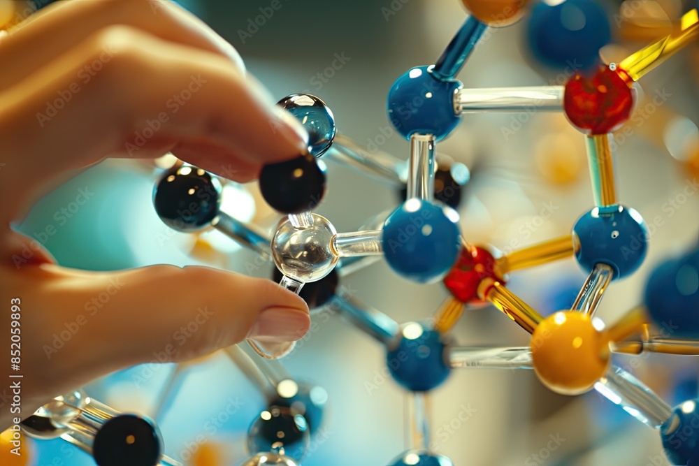 Poster a model of a model of an atom with a glass ball, investigate the principles of molecular physics