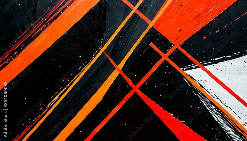 Poster a striking abstract artwork featuring bold diagonal lines in red and black, with bright orange accen