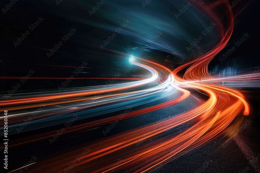 Poster a blurry image of a highway at night, long-exposure images revealing graceful trails and dynamic pat