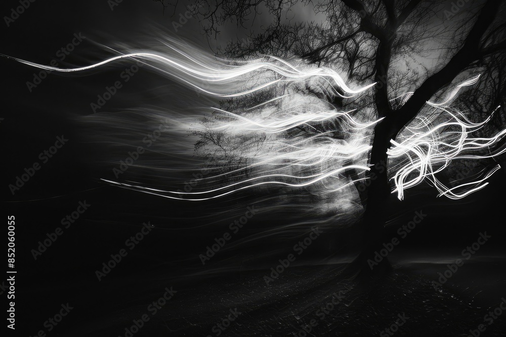 Poster a blurry image of a highway at night, long-exposure images revealing graceful trails and dynamic pat