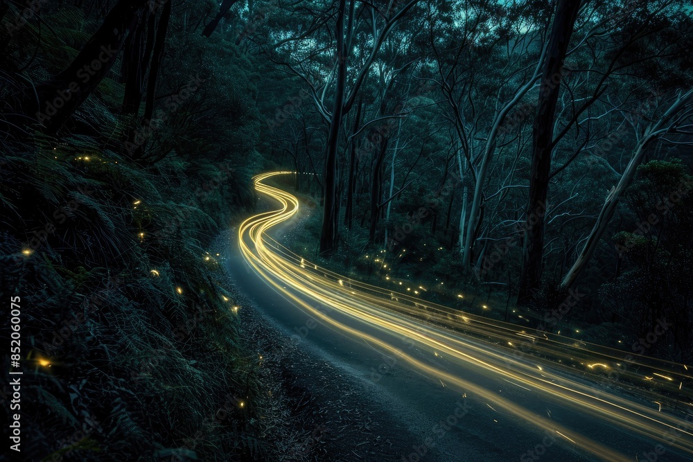 Poster a blurry image of a highway at night, long-exposure images revealing graceful trails and dynamic pat