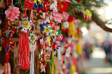 Naklejka premium a bunch of red tassels hanging from a wall, Martisor traditions: Explore the cultural significance of this Romanian celebration
