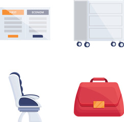 Flight icons set cartoon vector. Various attribute of traveling by plane. Vacation, tourism