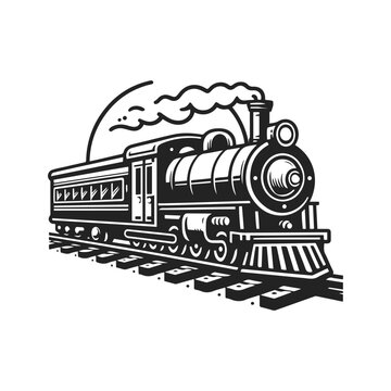recommend clip art: Black silhouette retro train engine with large coal smoke graphic design vector