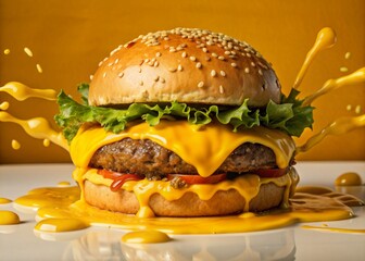 Delicious burger with many ingredients isolated on white background Tasty cheeseburger splash sauce