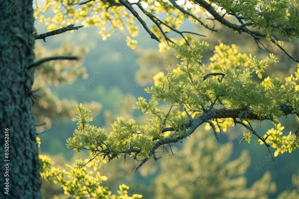 Poster a tree with yellow leaves in the sunlight, vibrant morning images of trees in soft light, creating a
