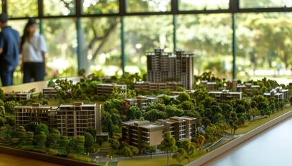 A model of a city with a group of people standing around it.