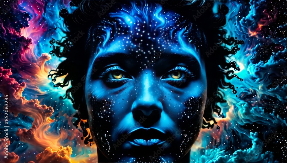 Poster mesmerizing image of a woman with celestial face paint, surrounded by a cosmic background of stars a