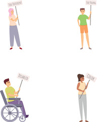No discrimination icons set cartoon vector. People stand against discrimination. Equal rights