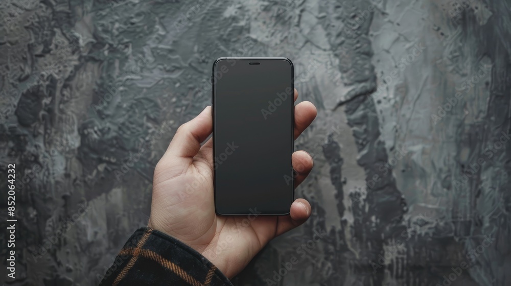 Poster mock up smartphone held in man s hand on gray brown background with space for text