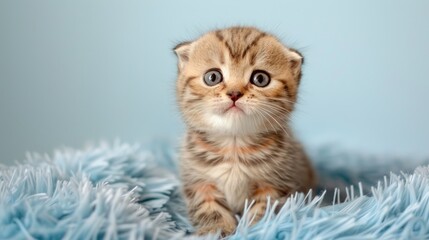 A one month old Scottish fold kitten with red stripes perched on a blue furry rug against a white backdrop