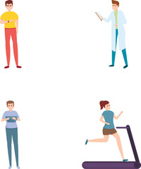 Cardio exercise icons set cartoon vector. People doing physical exercise. Sport, healthy lifestyle