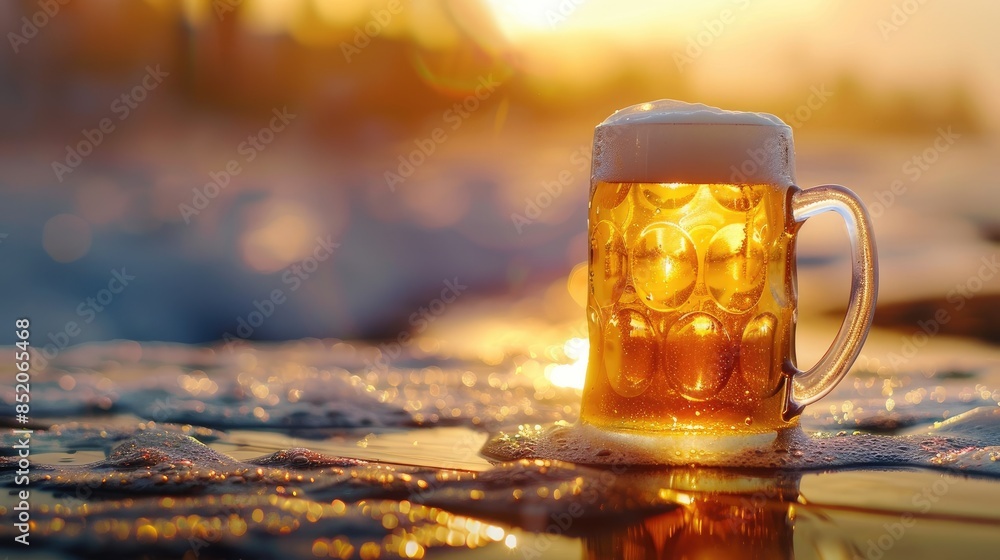 Canvas Prints As the sun sets casting a warm glow over the pub a frosty glass mug of light beer sits proudly on the table celebrating International Beer Day