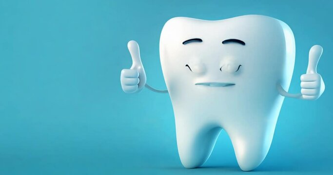 happy tooth cartoon character with thumbs up on blue background