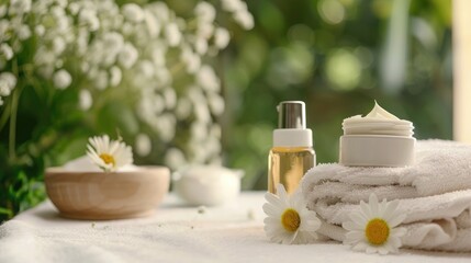 Natural cosmetic creams spa treatments and bath towels for body care