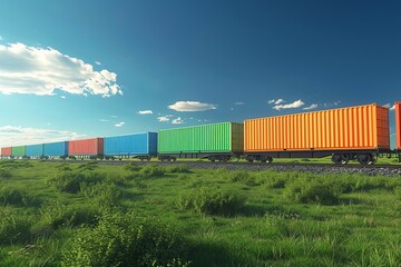 Fototapeta premium A colorful freight train in the countryside. Bright shipping containers on railway track. Ideal for transport, logistics visuals, and nature themes. Vivid colors, high contrast photo. Generative AI