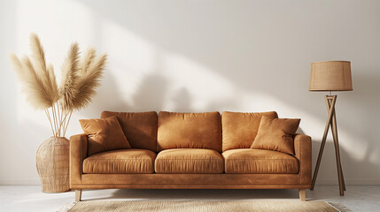 An isolated image of a cozy brown sofa, accompanied by a lamp and a vase filled with pampas grass on a white background