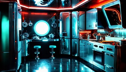 A sleek, modern kitchen featuring stainless steel appliances and neon lighting. The ambient lighting in shades of blue and red creates a high-tech, futuristic atmosphere.. AI Generation