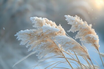 Frost-Covered Pampas Grass Swaying in Winter Sunlight