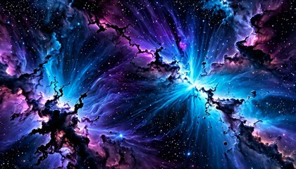 Stunning cosmic nebula with vibrant blue and purple hues. The swirling patterns and bright stars create a mesmerizing and otherworldly scene. Perfect for space and fantasy themes.. AI Generation