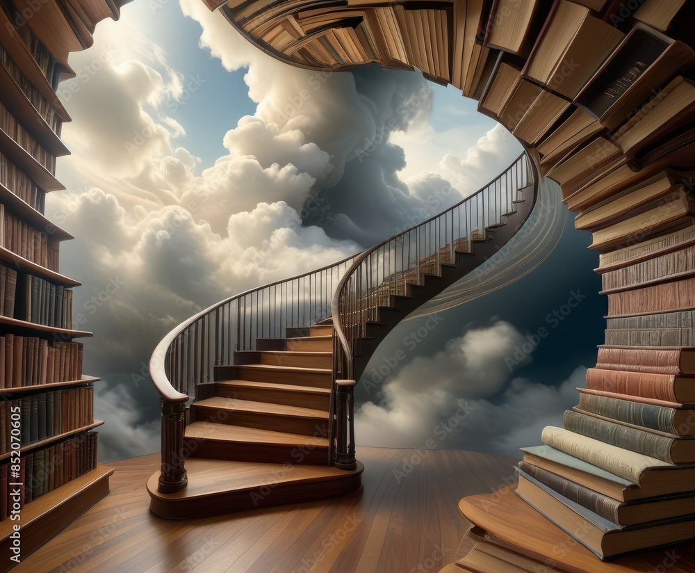 Poster an enchanting spiral staircase made of books rises towards the clouds in a surreal library setting. 
