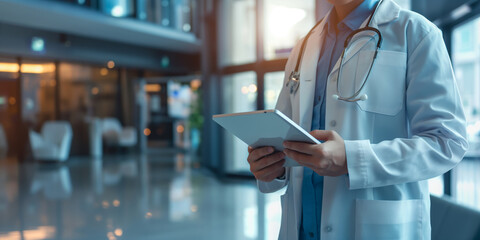 Doctor in a modern hospital lobby using a digital tablet...