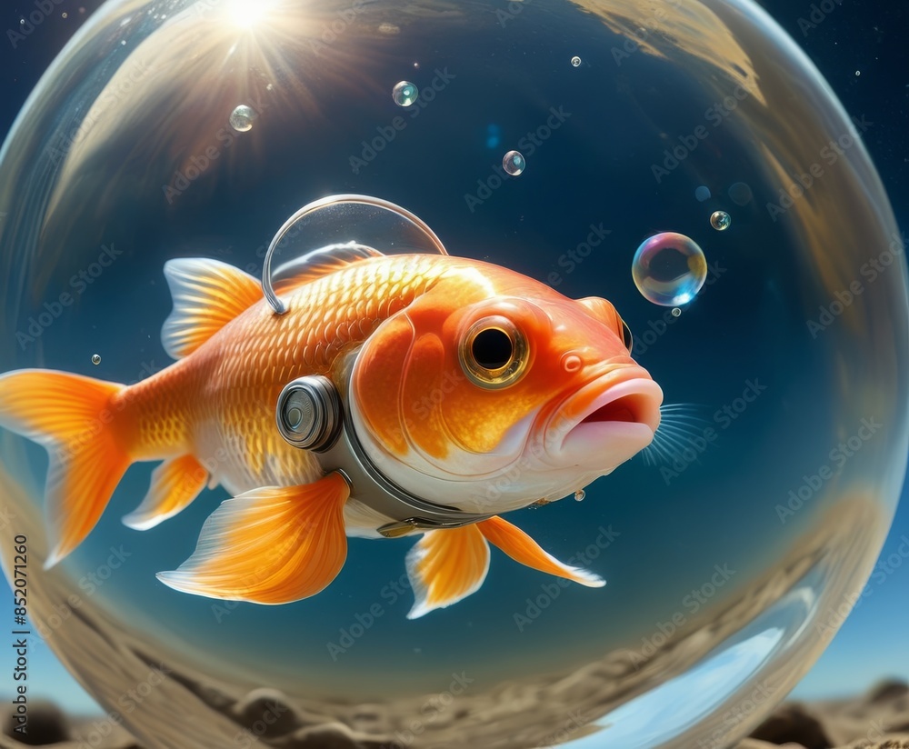 Poster a whimsical goldfish with a pair of headphones, swimming inside a clear fishbowl. the sunlit backgro