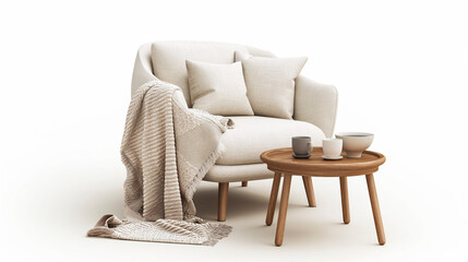An isolated image of a cozy armchair and coffee table on a white background