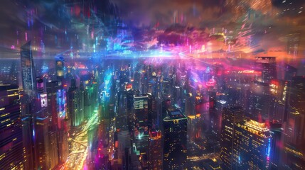 Obraz premium Neon Splendor Over Urban Night scape. A bustling urban skyline under a magical overlay of colorful, blurred neon lights, creating a dreamlike atmosphere.